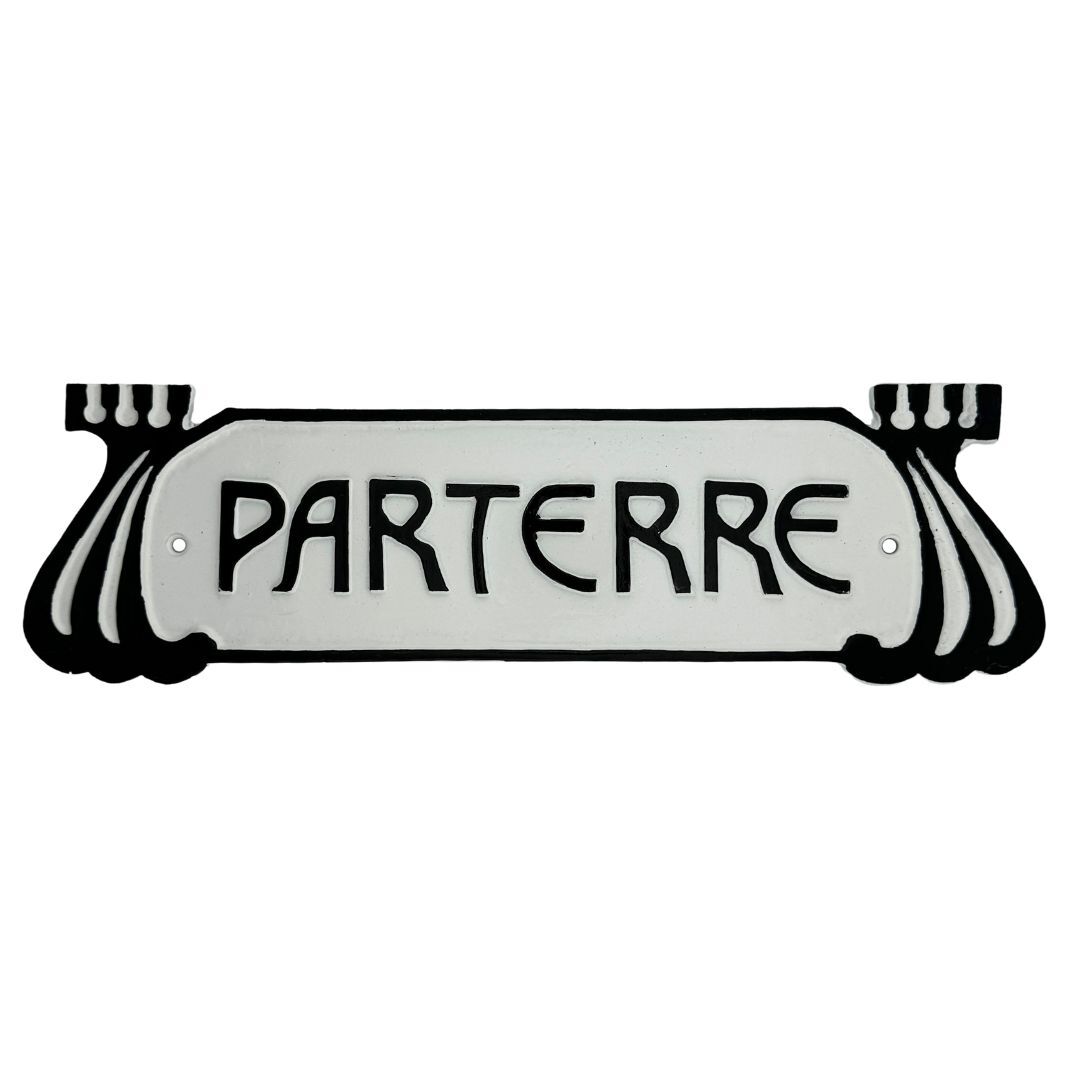 Jugendstil Stockwerksschild "Parterre" aus Aluminiumguss Jugendstil Stockwerksschild "Parterre" aus Aluminiumguss