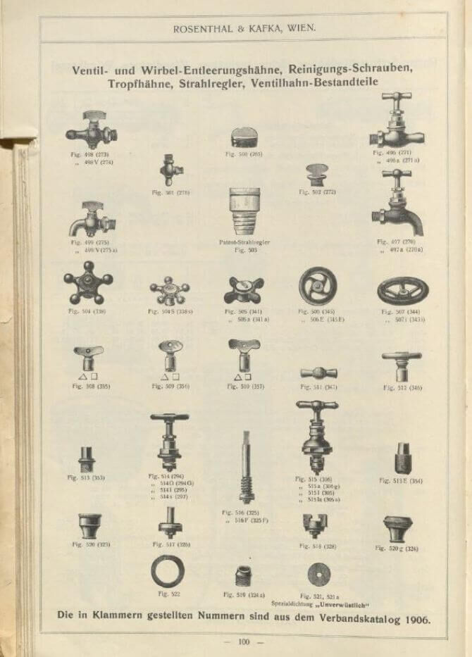 alter "Rosenthal & Kafka Wien" Katalog aus 1908 S. 100 - Ersatzteile für den Wasserhahn Frankfurter