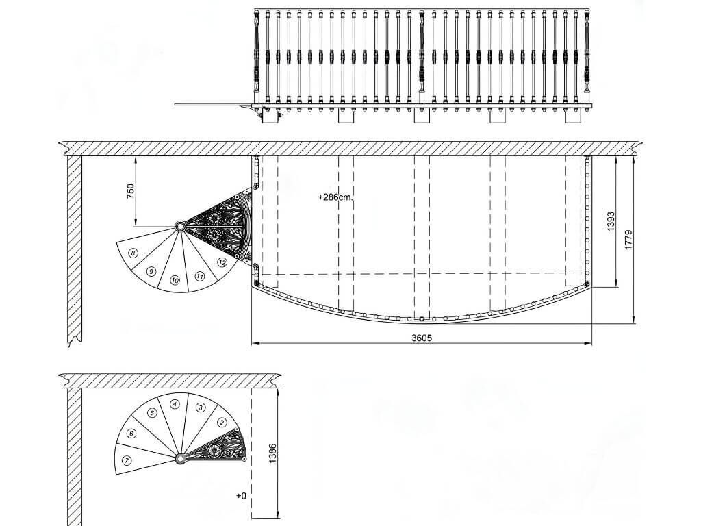 Planungszeichnung der nostalgischen Wendeltreppe aus Gusseisen Planungszeichnung der nostalgischen Wendeltreppe aus Gusseisen