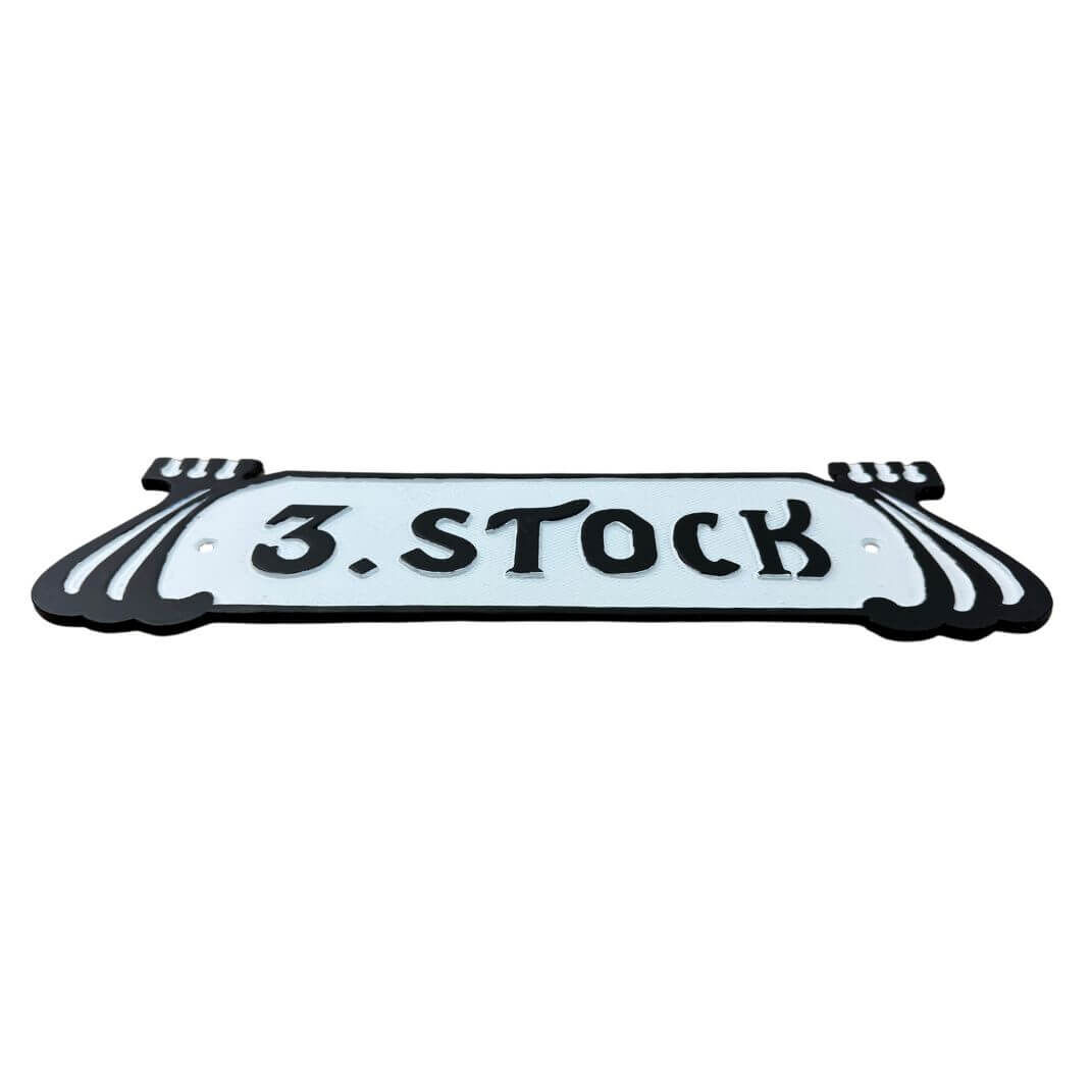 Stockwerksschild "3. Stock" aus Aluminiumguss im Jugendstil 