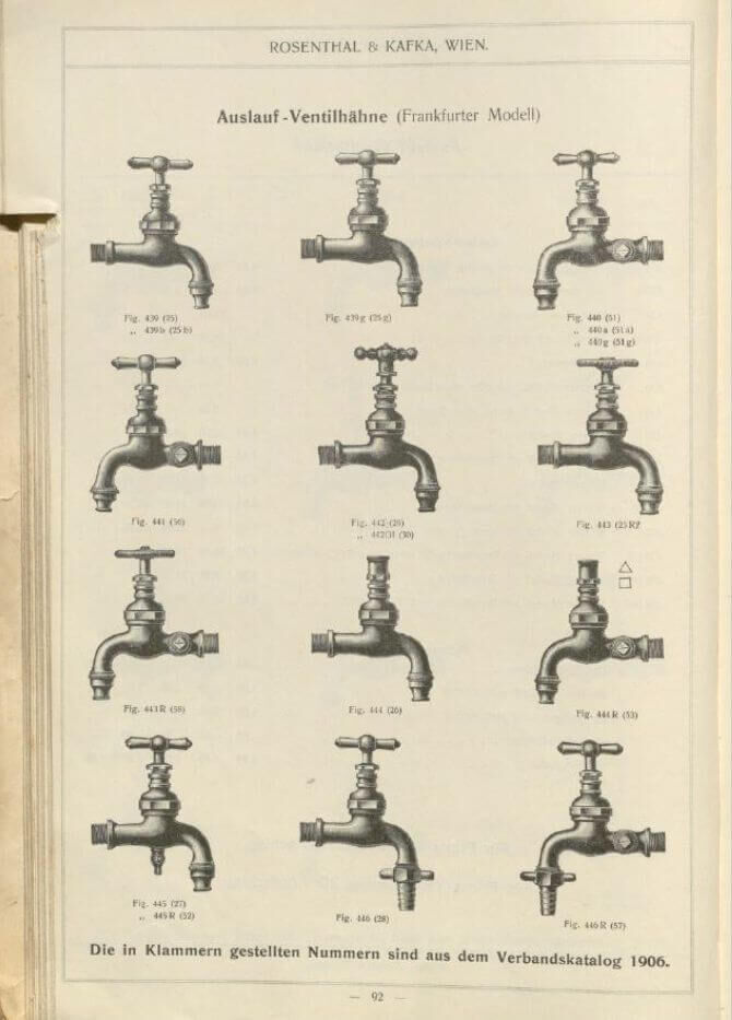 alter "Rosenthal & Kafka Wien" Katalog aus 1908 S. 92 - Messing Wasserhahn Frankfurter