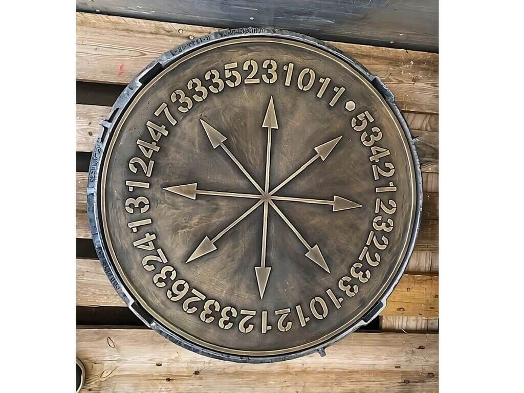 Individuelle Schachtabdeckung aus Messingguss mit Pfeilen und Ziffern nach Kundenwunsch Individuelle Schachtabdeckung aus Messingguss mit Pfeilen und Ziffern nach Kundenwunsch