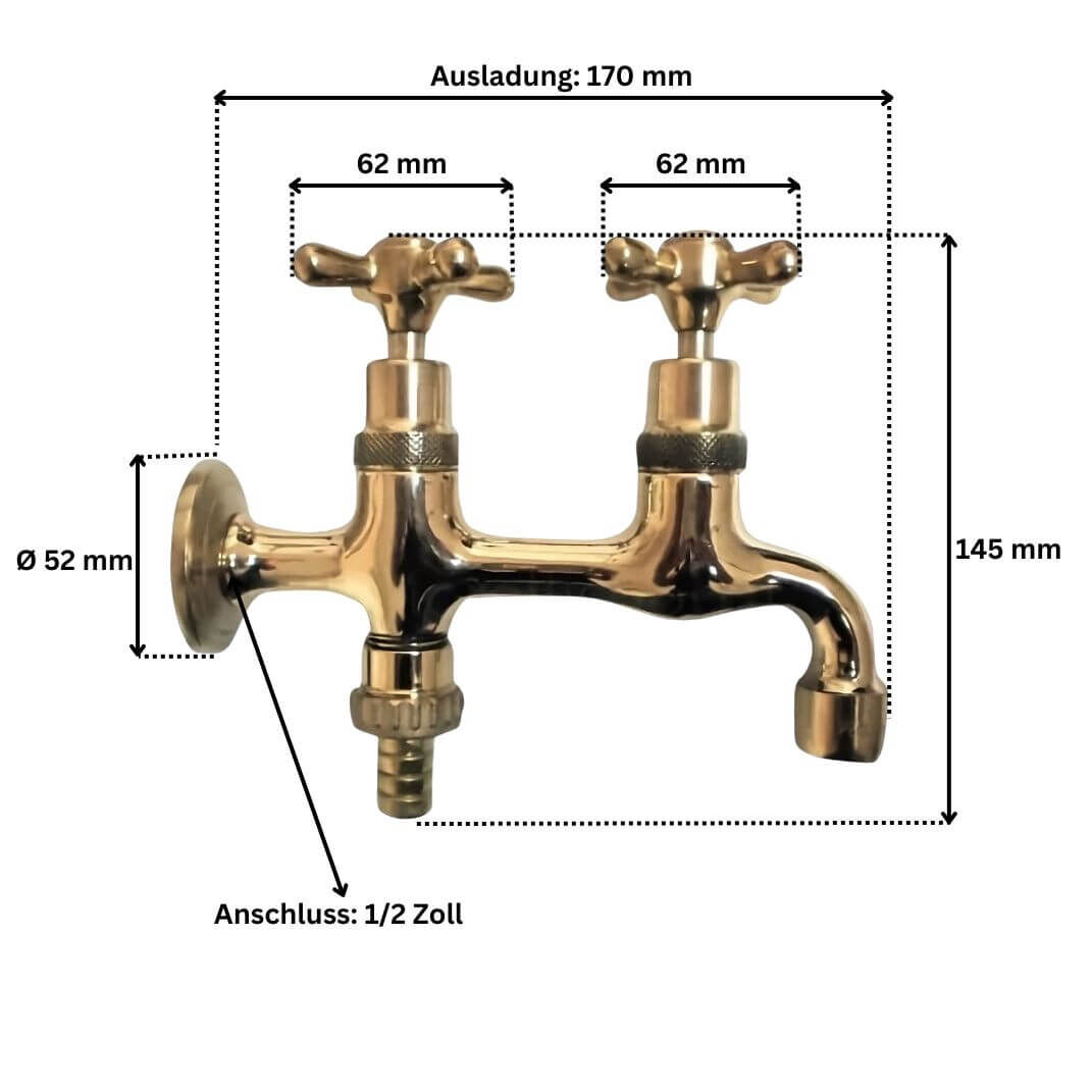 Abmessungen des Messing Wasserhahns Doppelt II Art. 10423-2 1/2 Zoll 