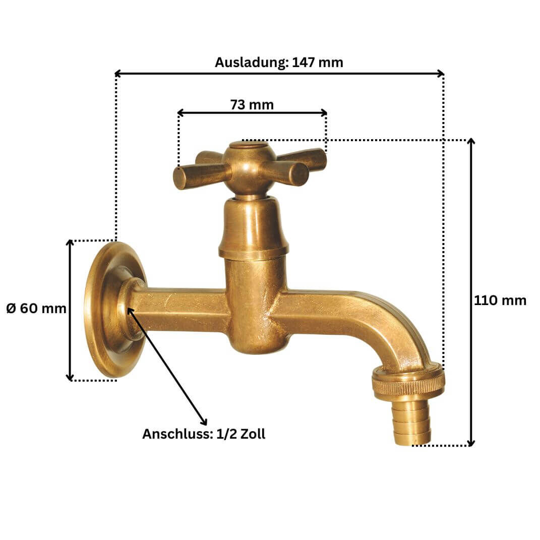 Abmessungen des Messing Wasserhahns Steinbach Art. 10421 1/2 Zoll