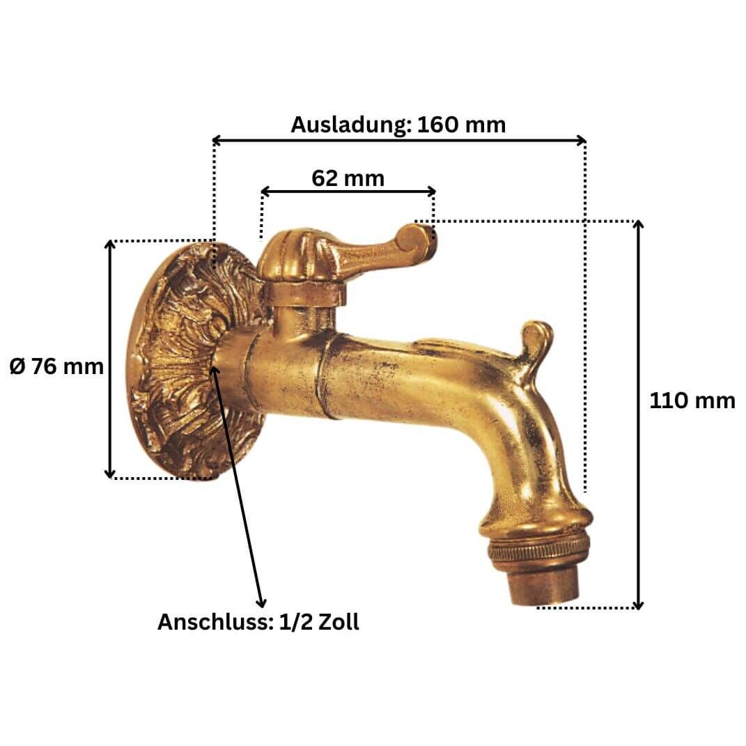 Abmessungen des Messing-Wasserhahns Traisen Art. 10404