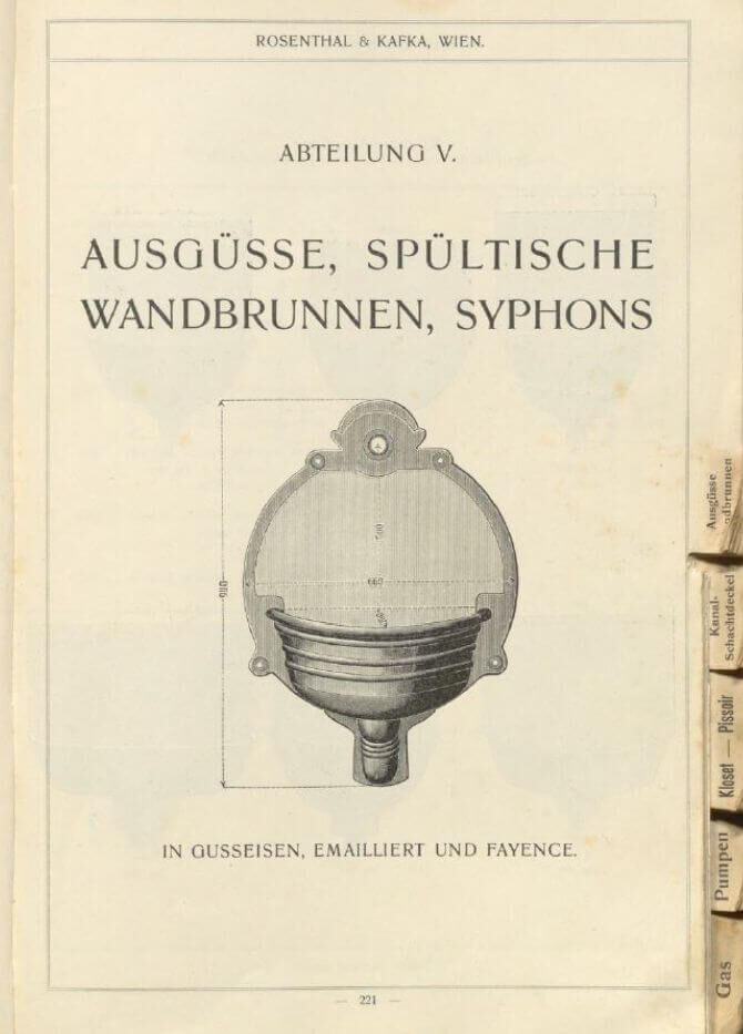 alter "Rosenthal & Kafka Wien" Katalog aus 1908 S. 221  - Wandbrunnen bzw. Bassena