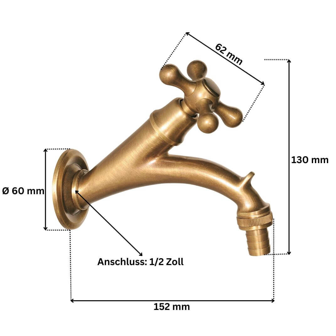 Abmessungen des Messing Wasserhahns Erlauf Art. 10422 1/2 Zoll