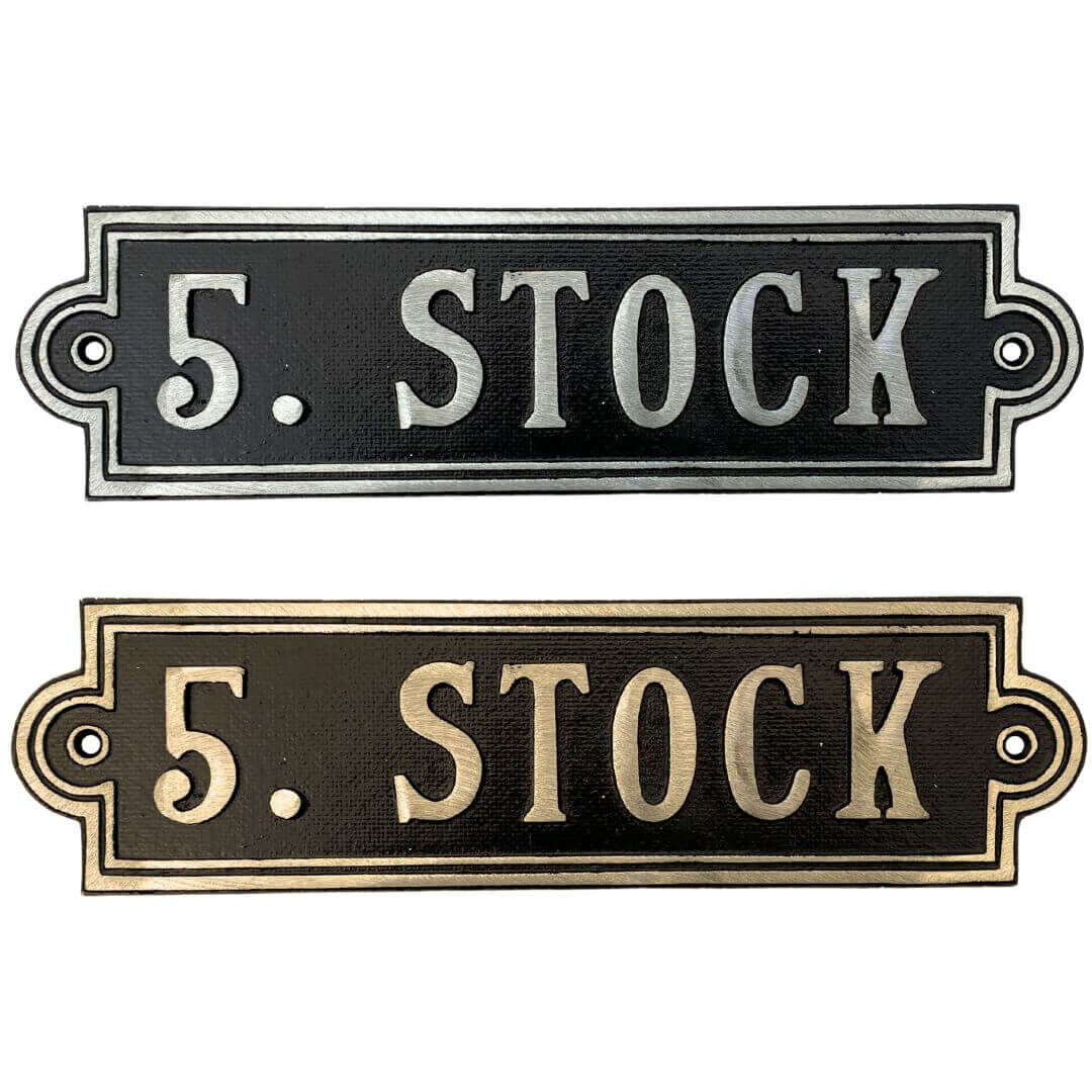 Stockwerksschild 5. Stock - oben aus Aluminiumguss und unten aus Messingguss - Stil: Altbau, Jahrhundertwende, Gruenderzeit Stockwerksschild 5. Stock - oben aus Aluminiumguss und unten aus Messingguss - Stil: Altbau, Jahrhundertwende, Gruenderzeit