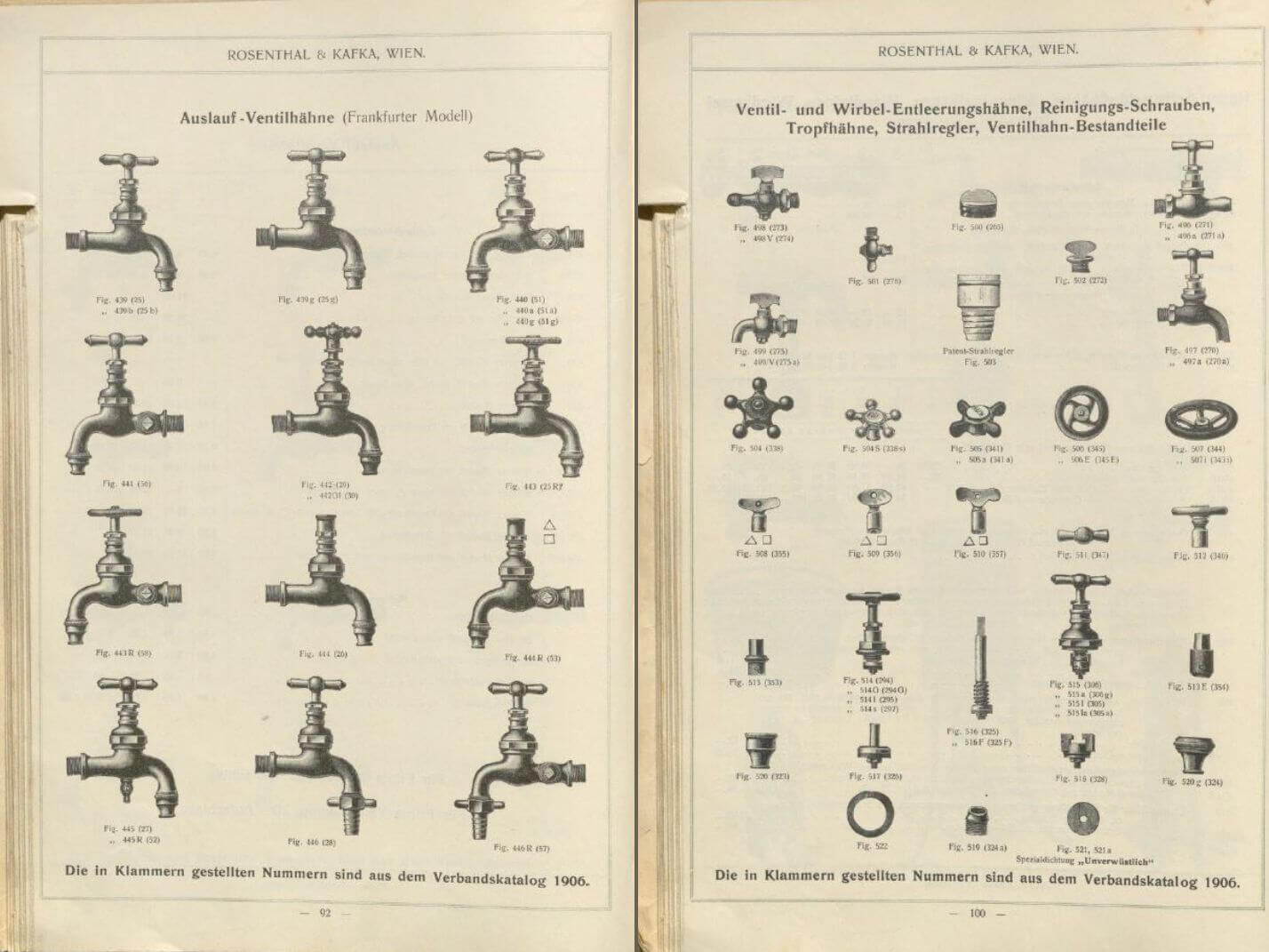 alter "Rosenthal & Kafka Wien" Katalog aus 1908 S. 92 und S. 100 (Messing Wasserhahn Frankfurter und Ersatzteile)