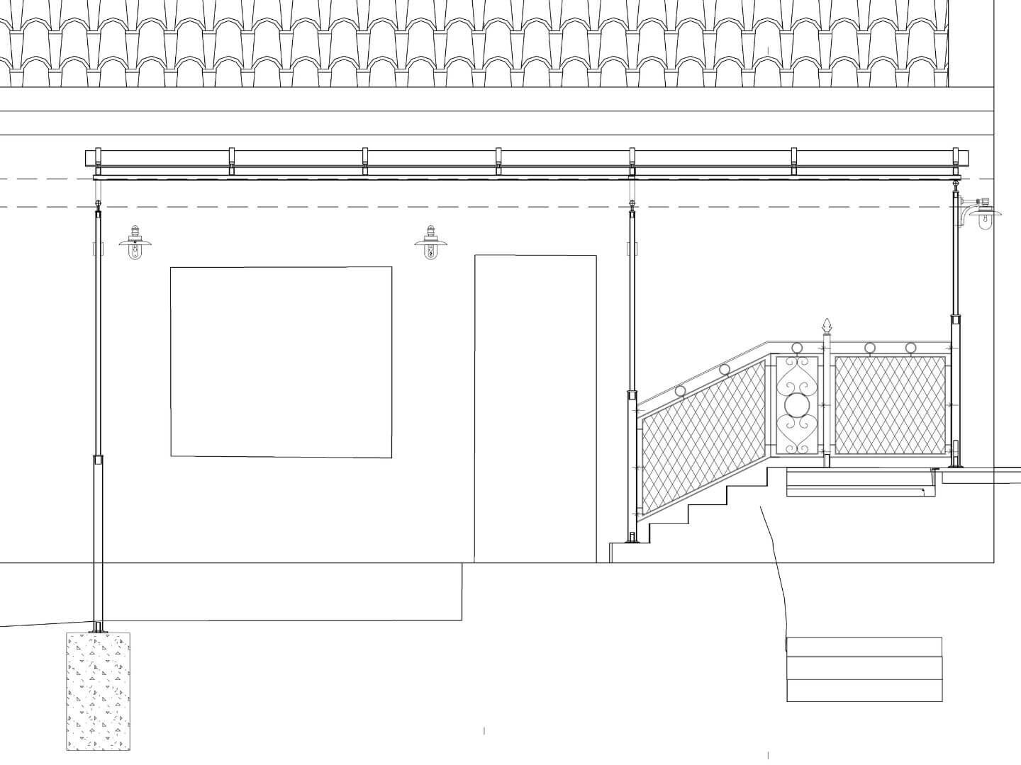 Planungszeichnung des Krippgittergeländers und Vordachs Planungszeichnung des Krippgittergeländers und Vordachs