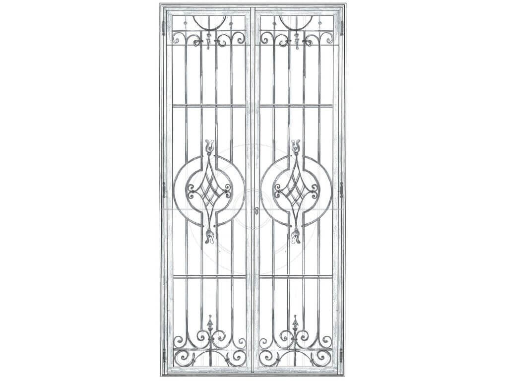 Entwurf einer Gittertuer bzw. Tuer aus Schmiedeeisen im klassischen Stil als Einbruchschutz Entwurf einer Gittertuer bzw. Tuer aus Schmiedeeisen im klassischen Stil als Einbruchschutz