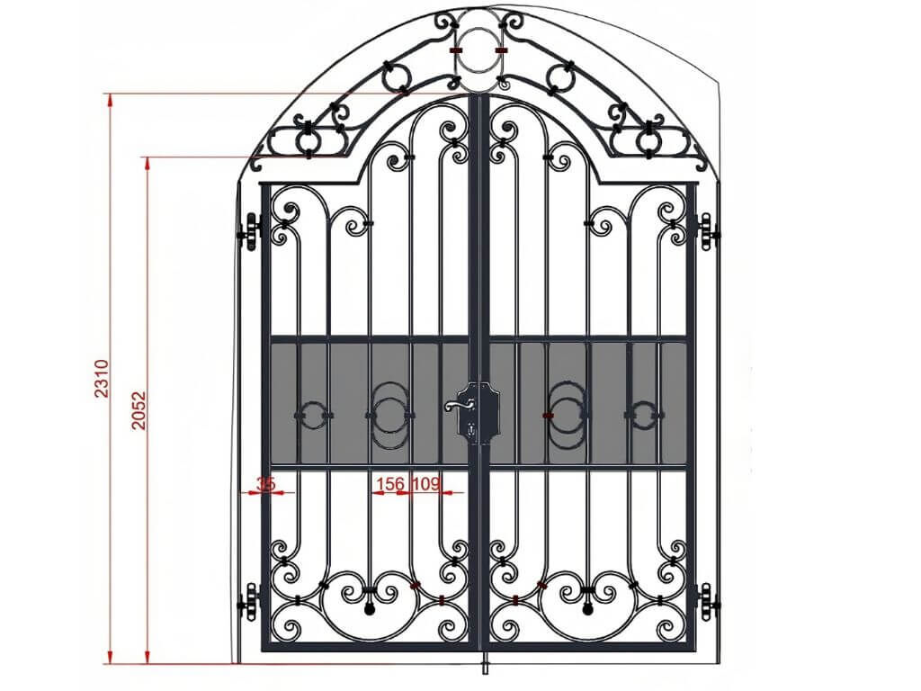 Zeichnung des doppelflügeligen Tor aus Schmiedeeisen Zeichnung des doppelflügeligen Tor aus Schmiedeeisen