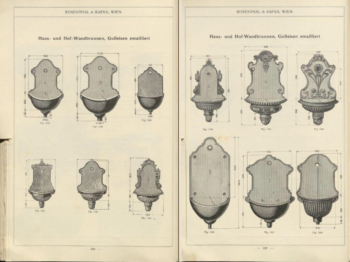 alter "Rosenthal & Kafka Wien" Katalog aus 1908 S. 240 und S. 242 (Wandbrunnen bzw. Bassena)