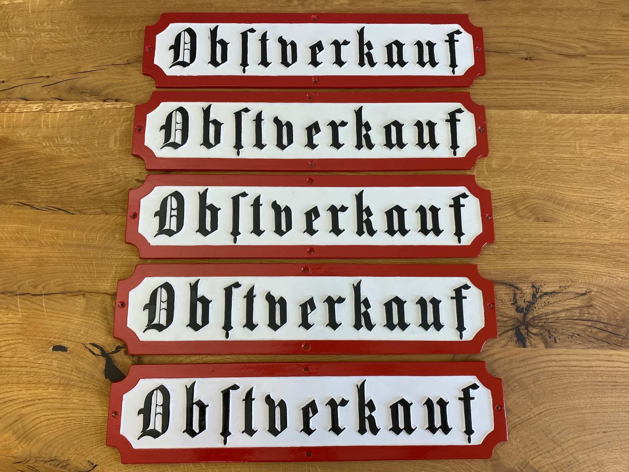 obstverkauf-schild-aluminiumguss Abverkauf "Obstverkauf" Schilder mit Frakturschrift