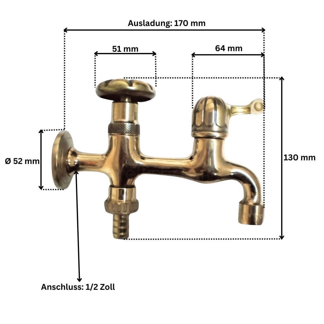 Abmessungen des Messing Wasserhahns Doppelt Art. 10423 1/2 Zoll 