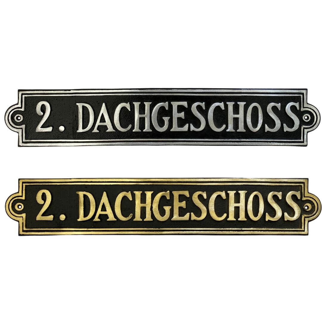 Stockwerksschild 2. Dachgeschoss - oben aus Aluminiumguss und unten aus Messingguss - Stil: Altbau, Jahrhundertwende, Gruenderzeit