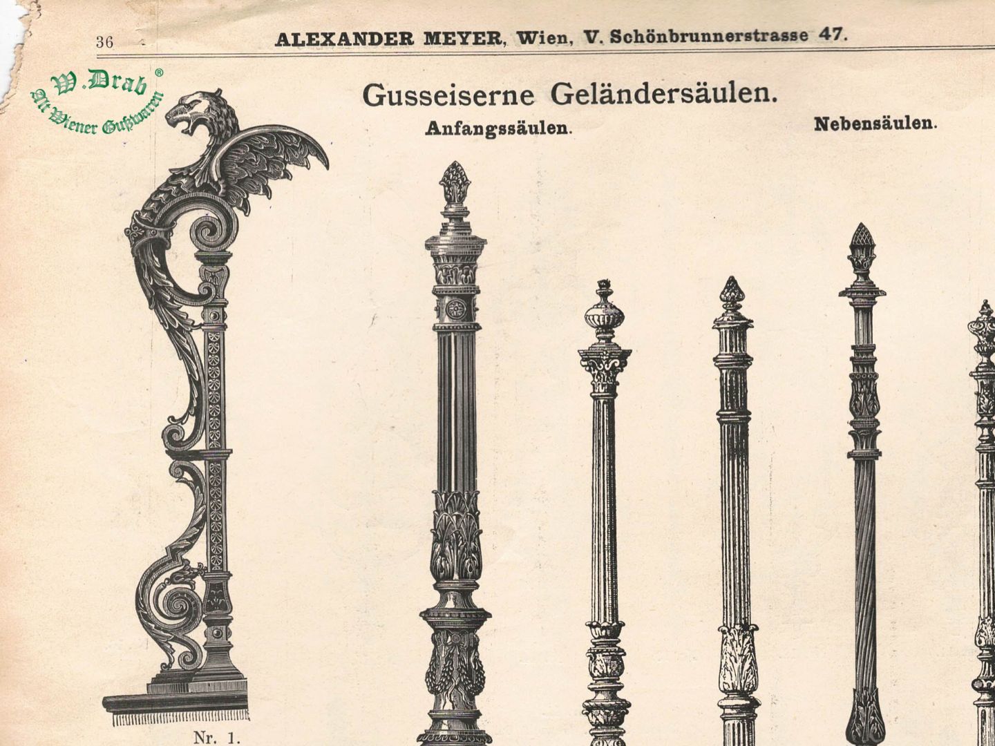 Historischer Katalog mit abgebildetem Geländersteher "geflügelter Löwe"