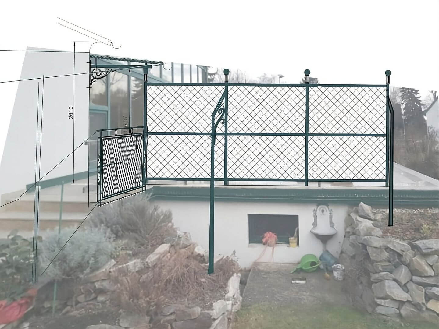 Visualisierung des stilvollem Vordachs, Krippgittergeländer und Krippgitterzauns Visualisierung des stilvollem Vordachs, Krippgittergeländer und Krippgitterzauns