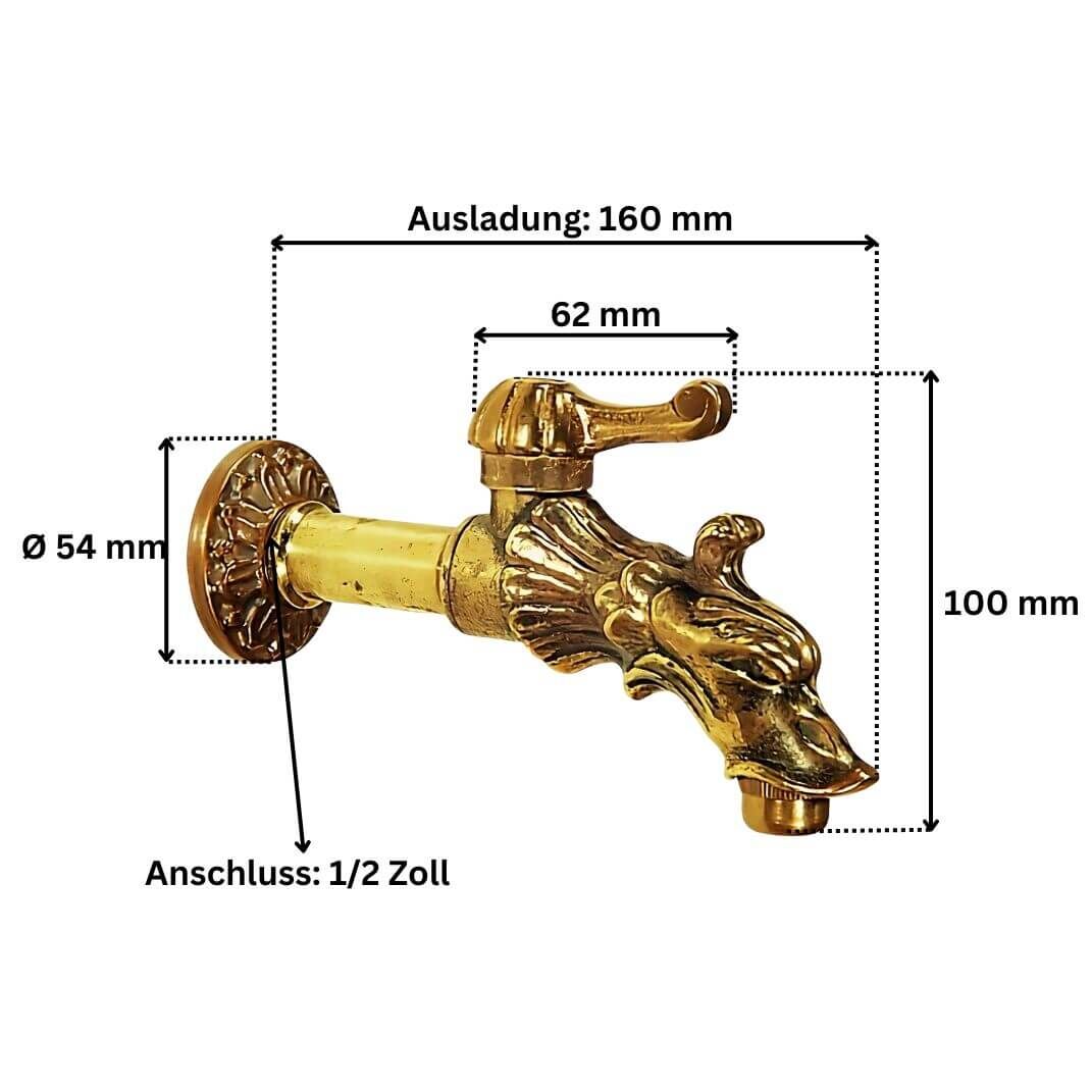 Abmessungen des Messing Wasserhahns Drachenspeier Art. 10406 1/2 Zoll