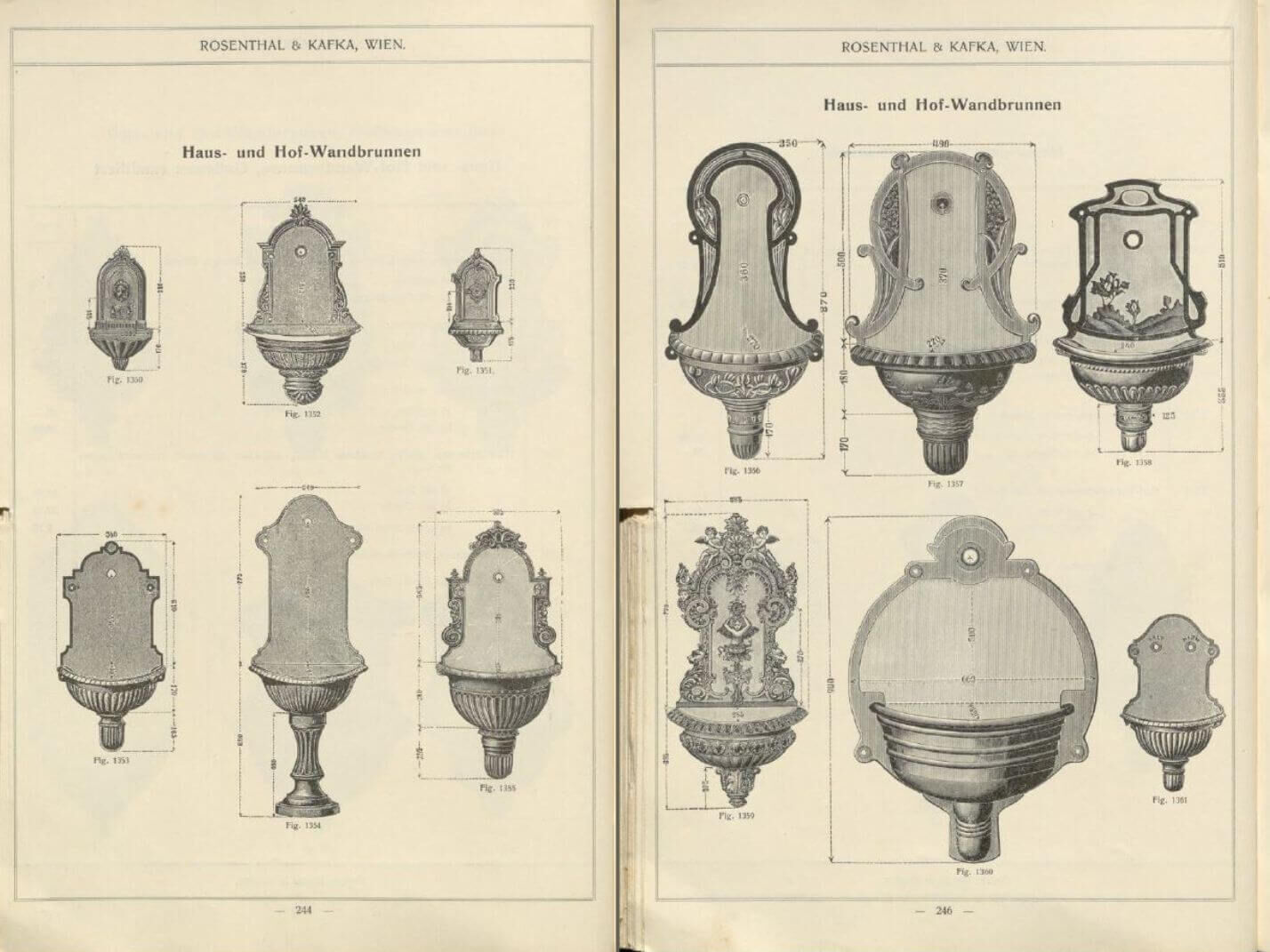 alter "Rosenthal & Kafka Wien" Katalog aus 1908 S. 244 und S. 246 (Wandbrunnen bzw. Bassena)