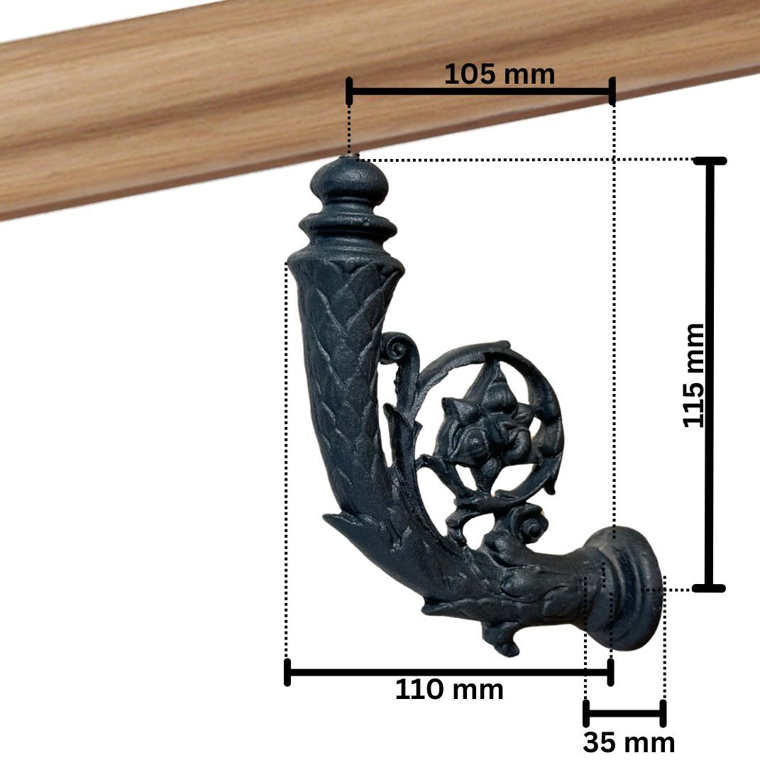 Abmessungen des Handlaufhalters Schoenburg aus Gusseisen Abmessungen des Handlaufhalters Schoenburg aus Gusseisen