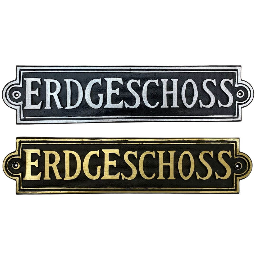 Stockwerksschild Erdgeschoss - oben aus Aluminiumguss und unten aus Messingguss - Stil: Altbau, Jahrhundertwende, Gruenderzeit Stockwerksschild Erdgeschoss - oben aus Aluminiumguss und unten aus Messingguss - Stil: Altbau, Jahrhundertwende, Gruenderzeit