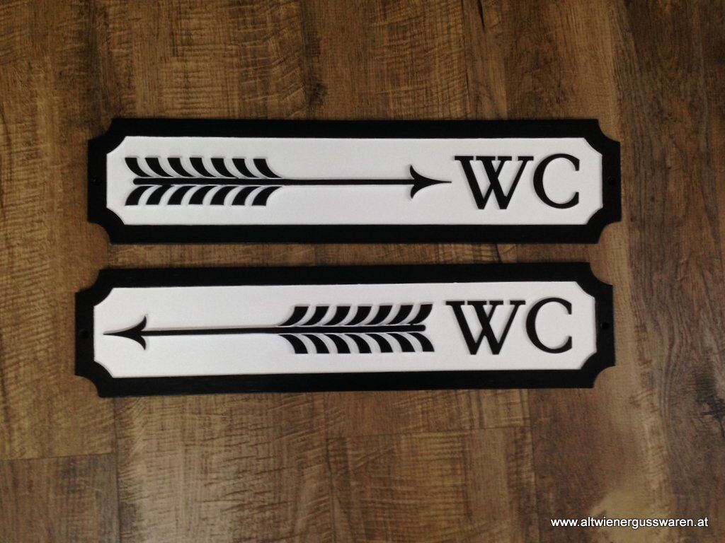 wc_toilette_pfeil_richtung_schild Hinweistafel aus Aluminium, Messing & Bronzeguss - eigener Text/Muster