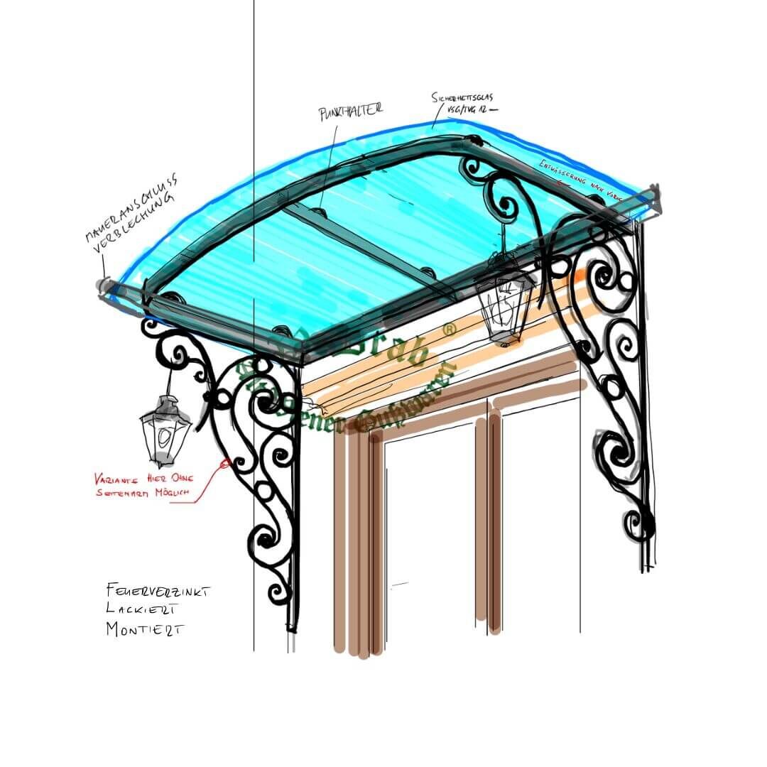 Visualisierung eines stilvollen Schmiedeeisen Vordachs mit Glasüberdachung und 2 Stk. Laternen