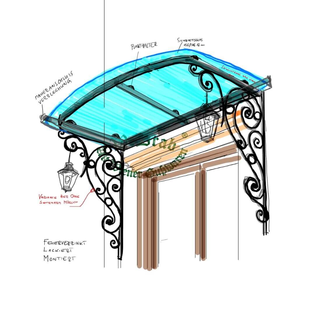 Visualisierung eines stilvollen Schmiedeeisen Vordachs mit Glasüberdachung und 2 Stk. Laternen Visualisierung eines stilvollen Schmiedeeisen Vordachs mit Glasüberdachung und 2 Stk. Laternen