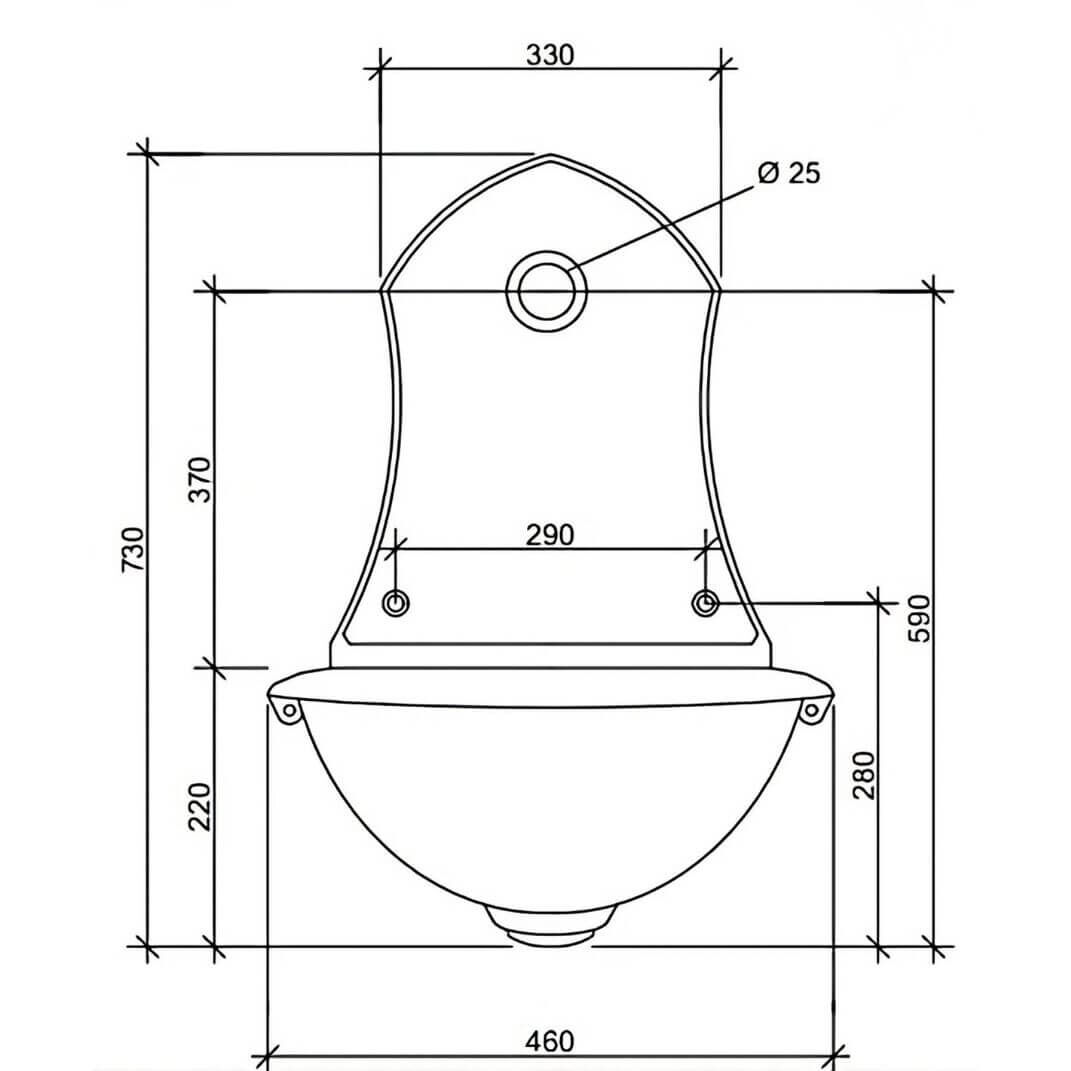 Abmessungen der schlichten Bassena 10130g (Frontansicht) Abmessungen der schlichten Bassena 10130g (Frontansicht)