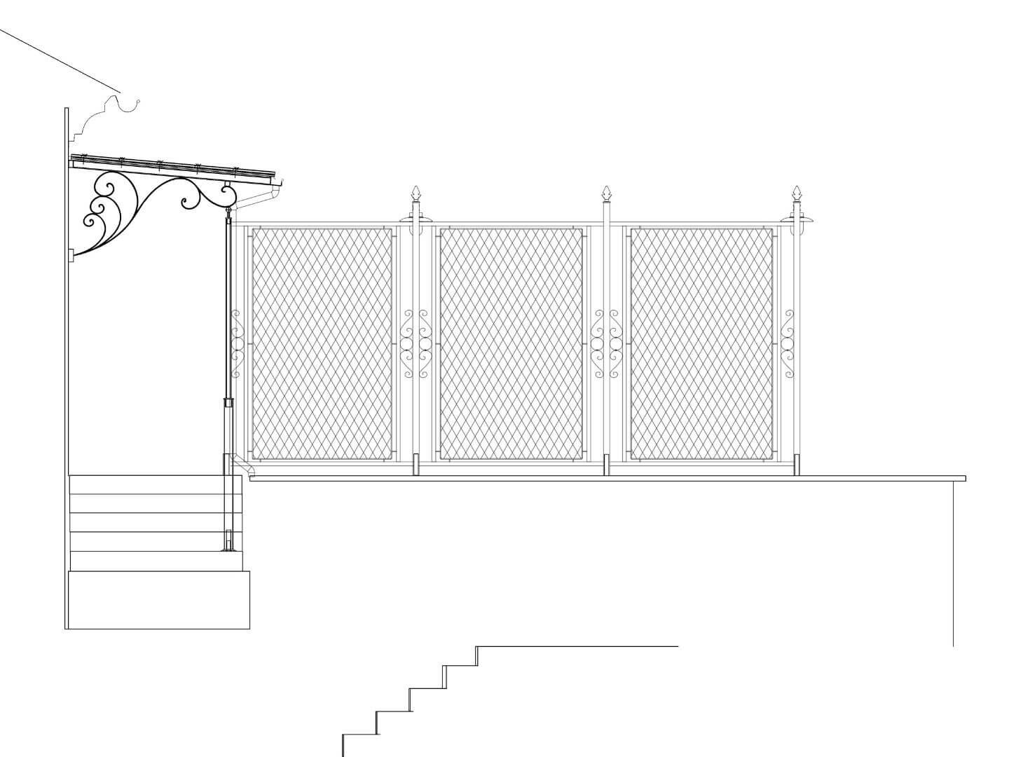 Planungszeichnung stilvollen Vordachs und Krippgitterzauns