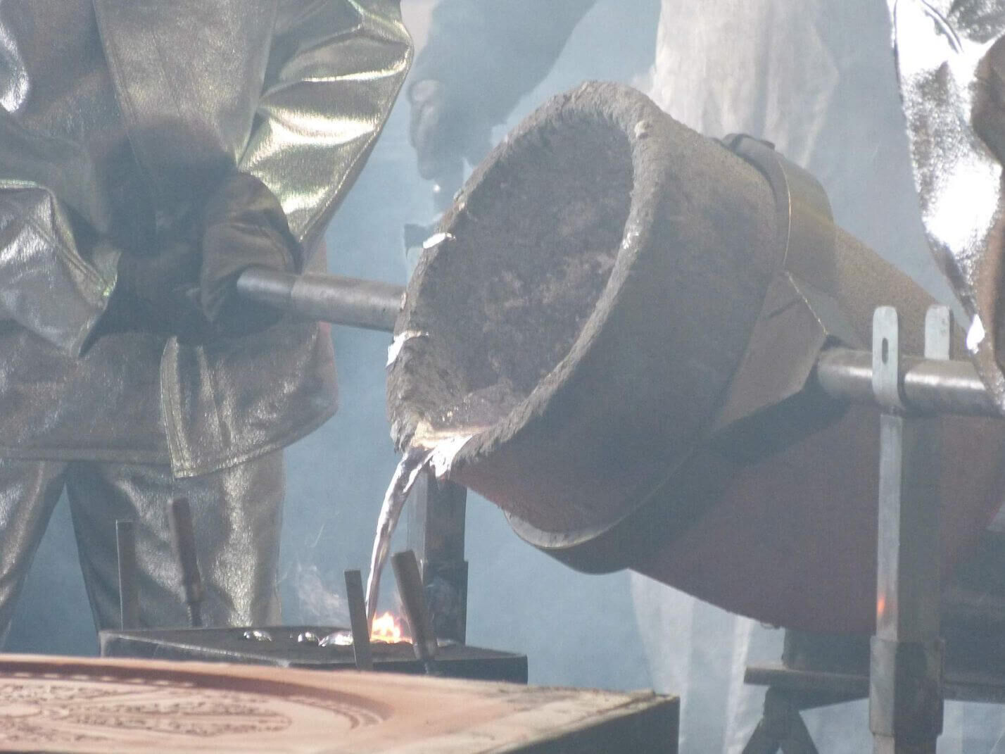 Das flüssige Aluminium wird in die Form gegossen - Gussprozess Das flüssige Aluminium wird in die Form gegossen - Gussprozess