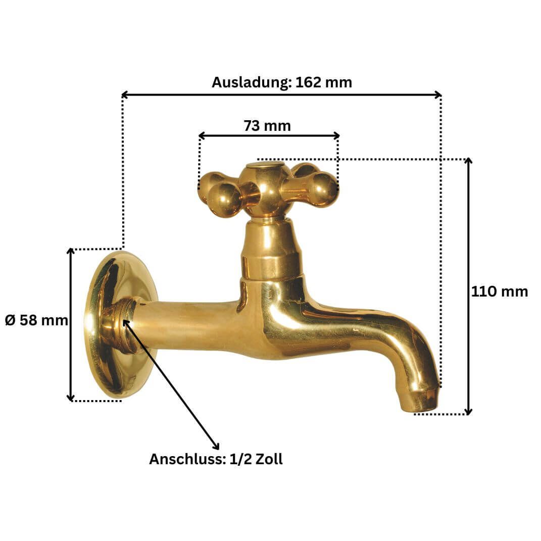 Abmessungen des Messing Wasserhahns Enns Art. 10420 1/2 Zoll