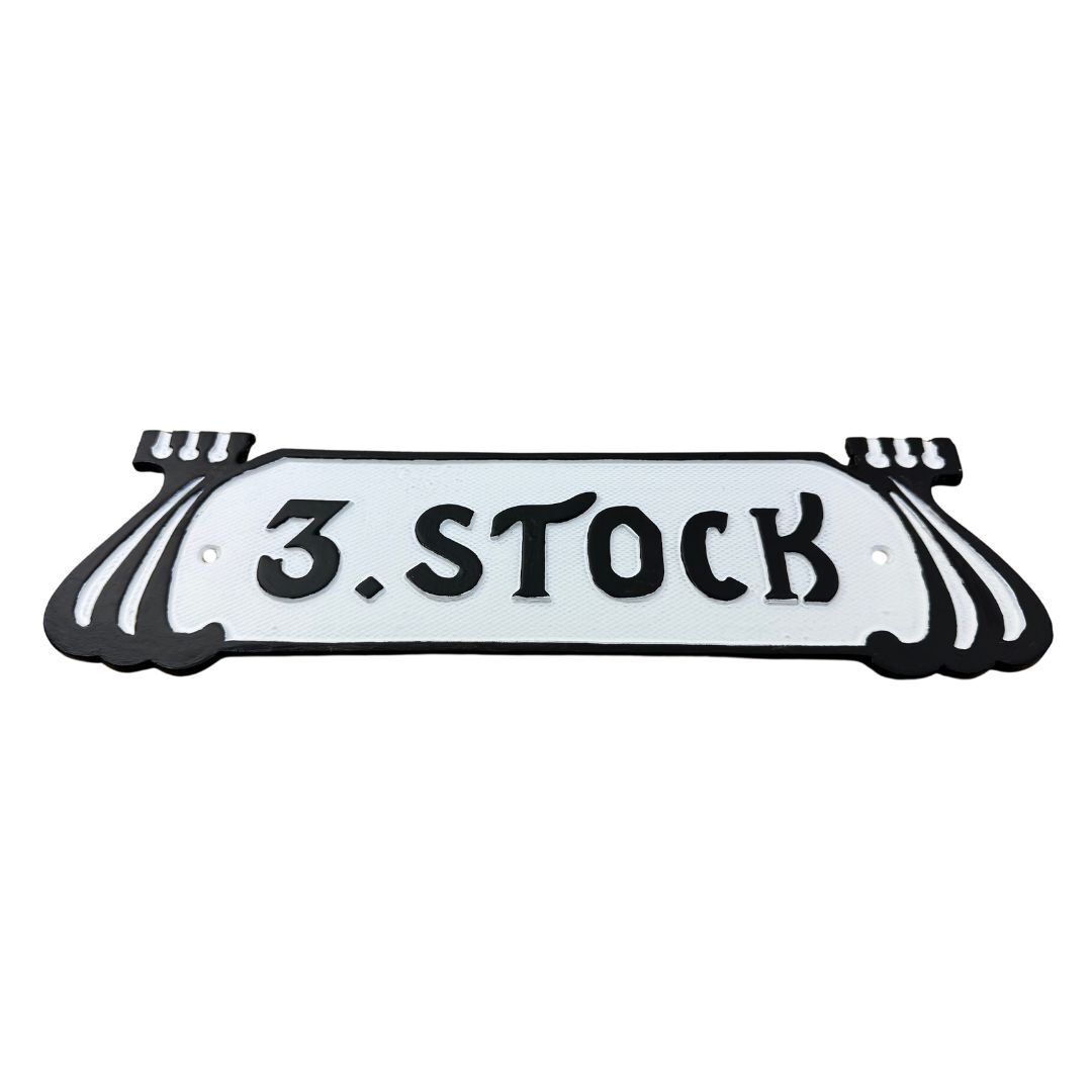 Jugendstil "3. Stock" Stockwerksschild aus Aluminiumguss