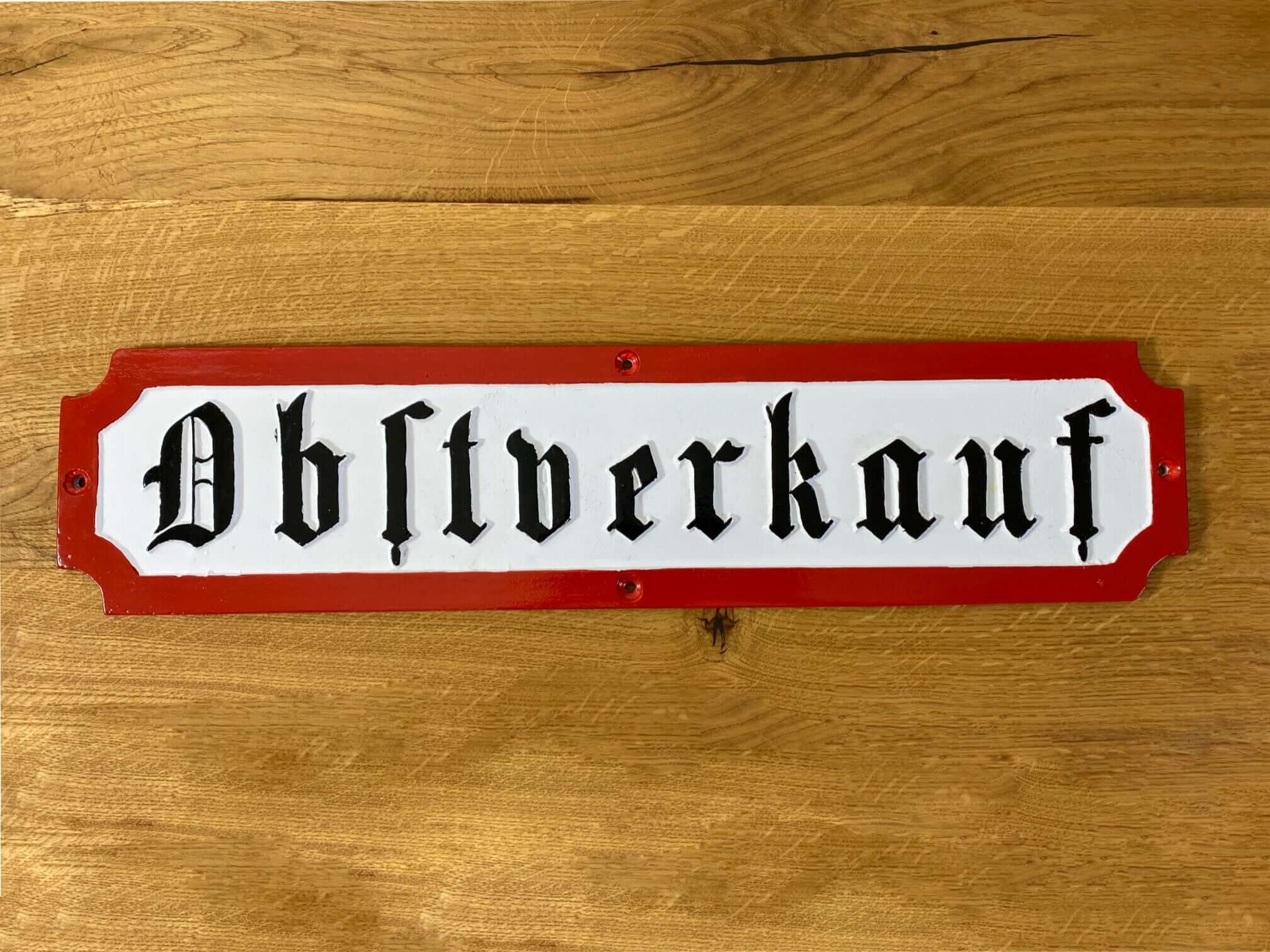 obstverkauf-tafel-roter-rand Obstverkaufsschild aus Aluminiumguss mit rotem Rand