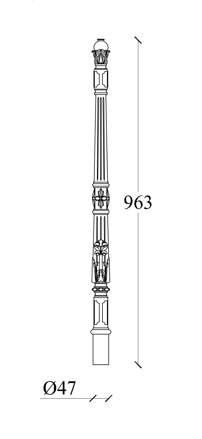 m526bv_gelaendersteher_gusseisen Zeichnung Geländersteher M526BV kurz vertikal aus Gusseisen