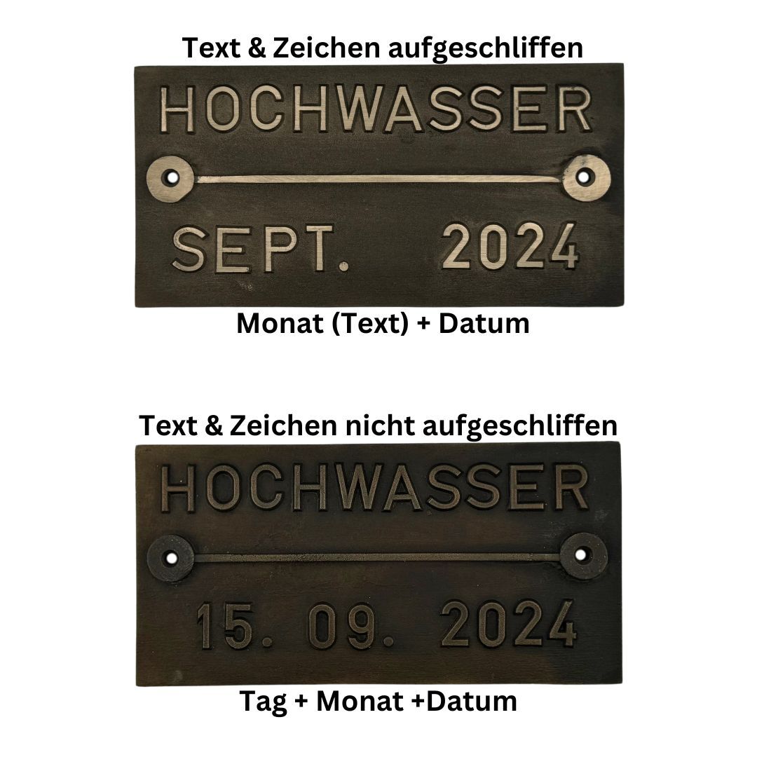 Varianten des Hinweisschilds Hochwasser - Bronzeguss