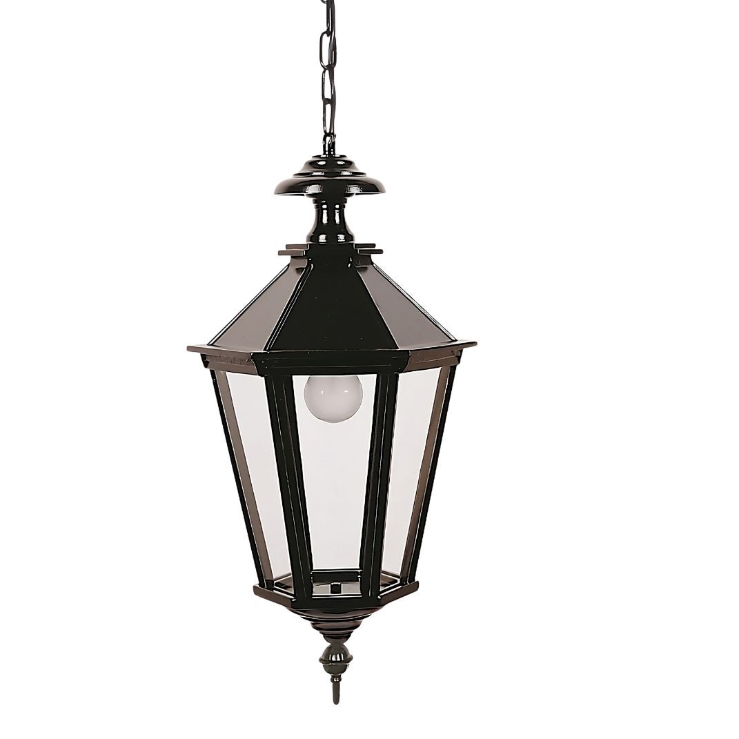 Sechseckige Hängelaterne Mailand mit Kette in RAL 9005 Schwarz Sechseckige Hängelaterne Mailand mit Kette in RAL 9005 Schwarz