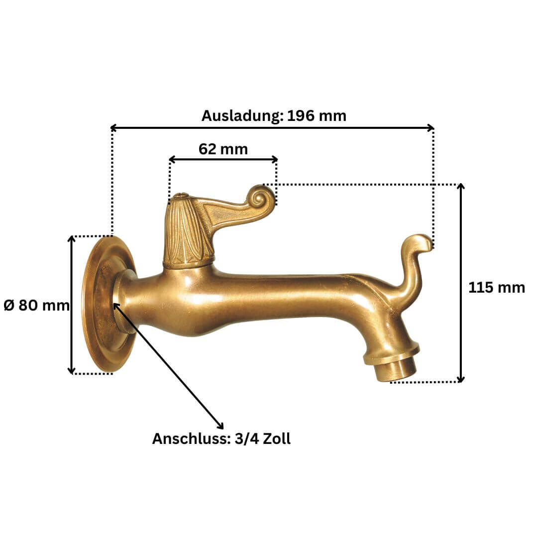 Abmessungen des Messing Wasserhahns Lavant Art. 10410 3/4 Zoll