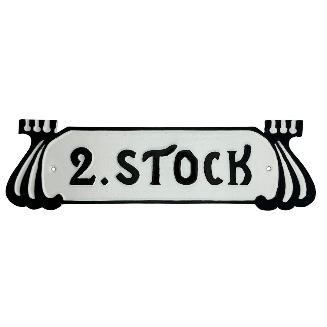 Jugendstil Stockwerksschild "2. Stock" aus Aluminiumguss