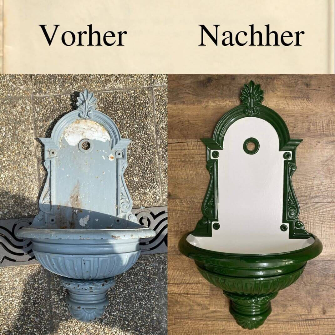 vor und nach der Restaurierung der Bassena M100g - Grün/Weiß emailliert vor und nach der Restaurierung der Bassena M100g - Grün/Weiß emailliert