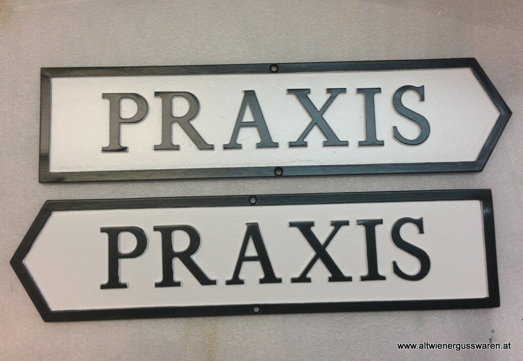 praxis_schilder_pfeil Hinweistafel aus Aluminium, Messing & Bronzeguss - eigener Text/Muster