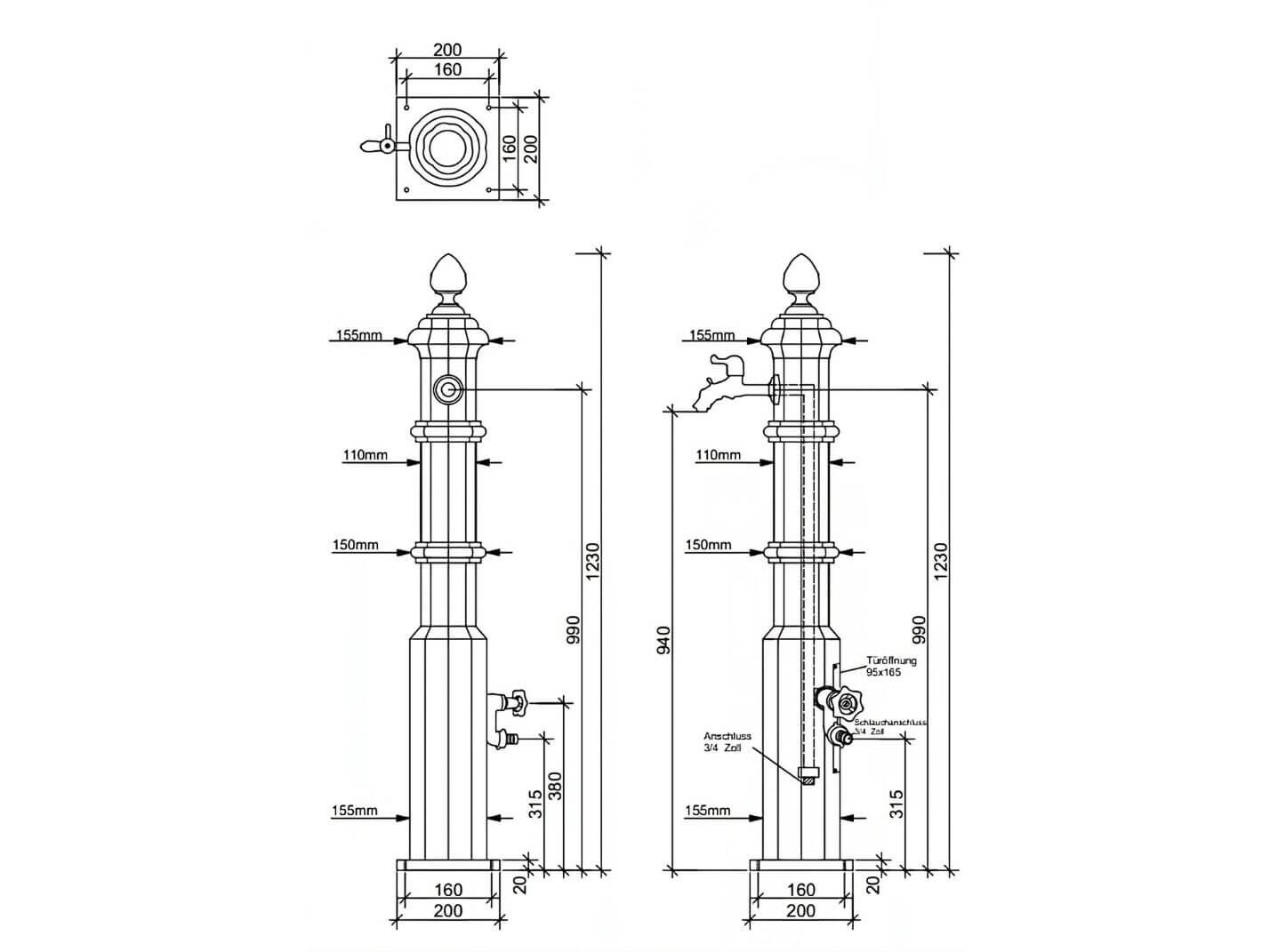 Abmessungen des Nostalgie Standbrunnen "Wien" Abmessungen des Nostalgie Standbrunnen "Wien"