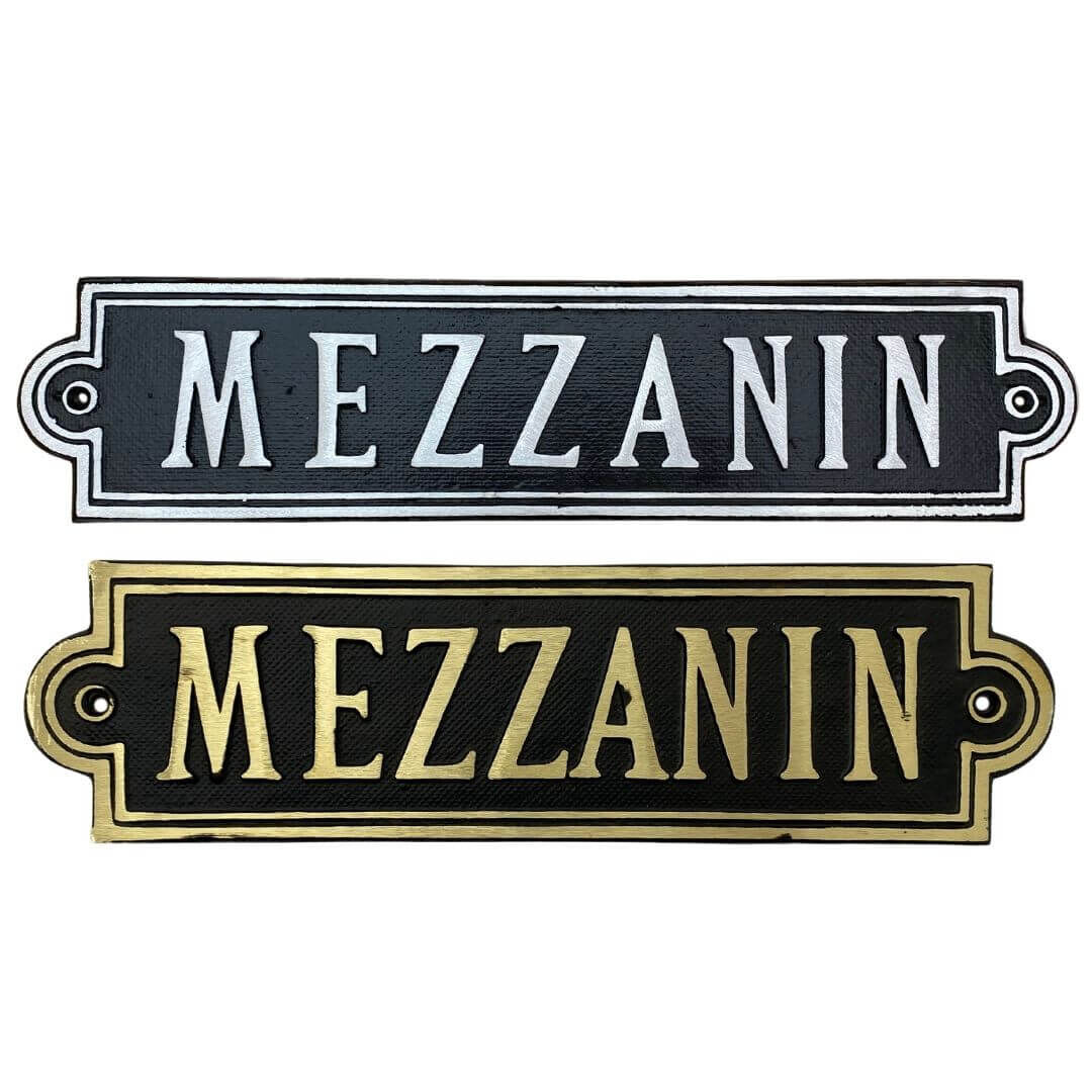Stockwerksschild Mezzanin - oben aus Aluminiumguss und unten aus Messingguss - Stil: Altbau, Jahrhundertwende, Gruenderzeit Stockwerksschild Mezzanin - oben aus Aluminiumguss und unten aus Messingguss - Stil: Altbau, Jahrhundertwende, Gruenderzeit