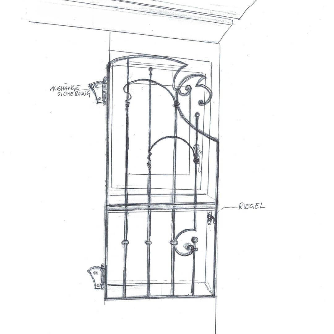 Entwurf eines klassischen Fenstergitter aus Schmiedeeisen als Einbruchschutz