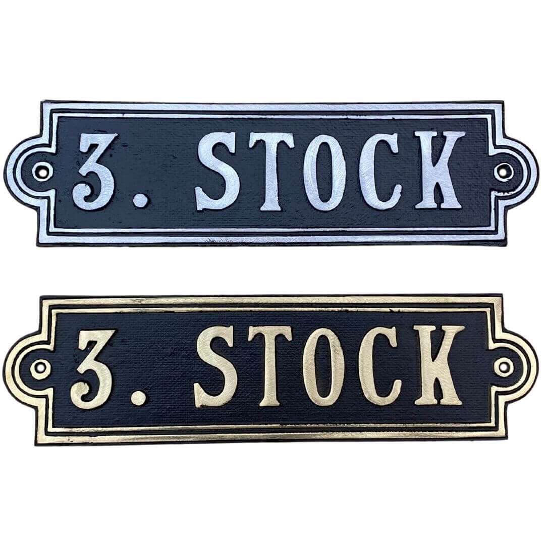 Stockwerksschild 3. Stock - oben aus Aluminiumguss und unten aus Messingguss - Stil: Altbau, Jahrhundertwende, Gruenderzeit Stockwerksschild 3. Stock - oben aus Aluminiumguss und unten aus Messingguss - Stil: Altbau, Jahrhundertwende, Gruenderzeit