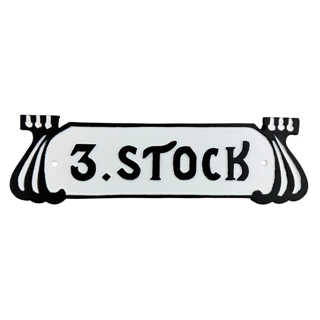Jugendstil Stockwerksschild "3. Stock" aus Aluminiumguss Jugendstil Stockwerksschild "3. Stock" aus Aluminiumguss